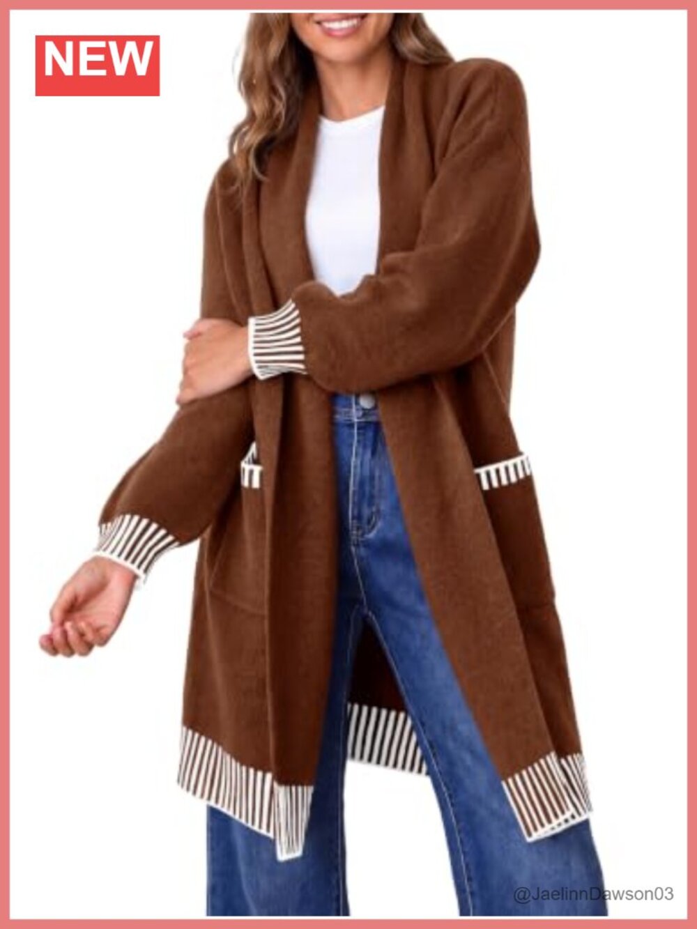 Oversized Open Front Cardigan Striped Patchwork Sweater with Pockets